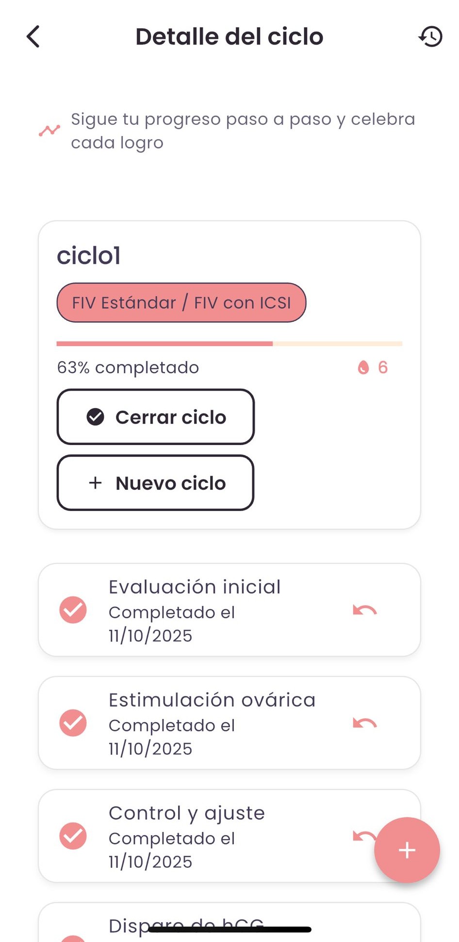 Pantalla de Control del Ciclo FertiMind
