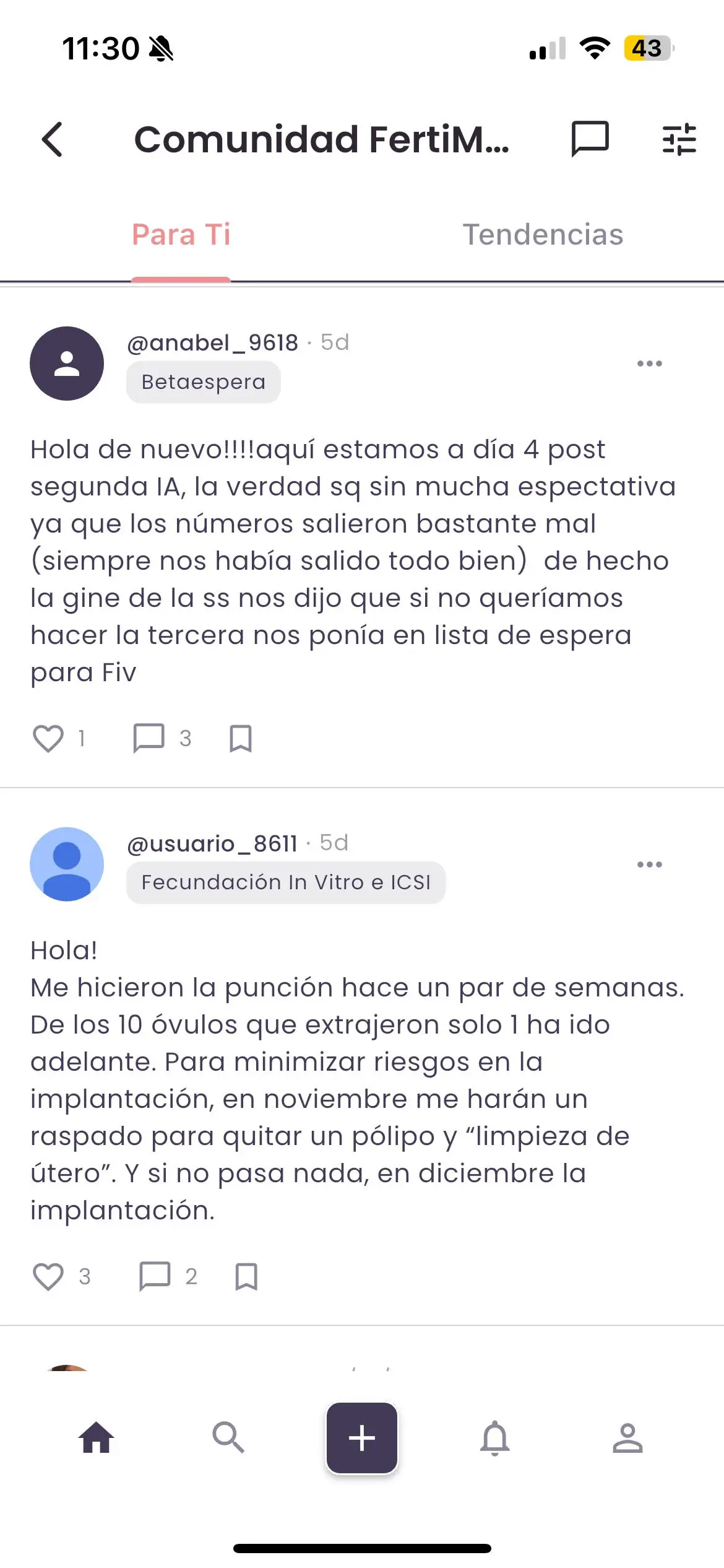 Pantalla de Comunidad FertiMind